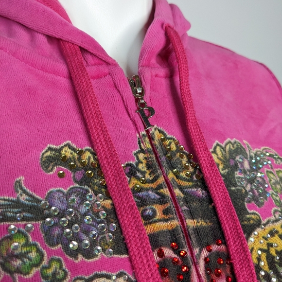 Ed Hardy Y2K pink velvet rhinestone heart wings flowers zip up hoodie L - Picture 6 of 11